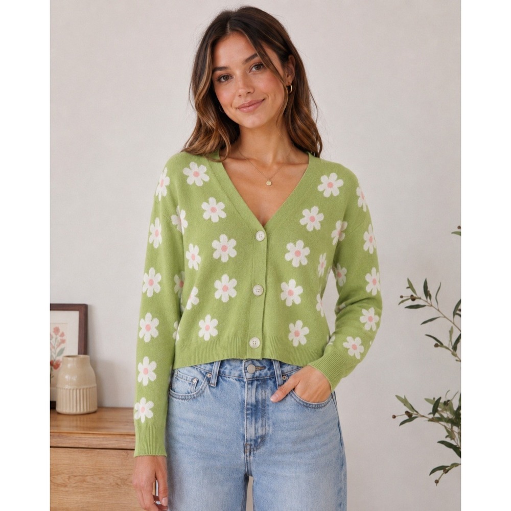 Willow & Wind Floral Cardigan Sweater L Avocado Green Daisy Knit Cottage‎ Boho